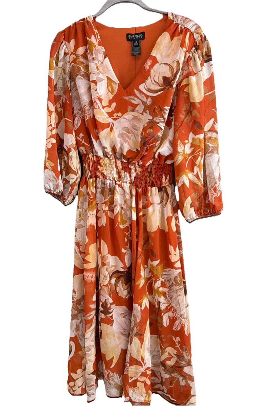 Floral Chiffon fairycore Artsy princess spring Dress 8 Cottage Boho Burnt Orange